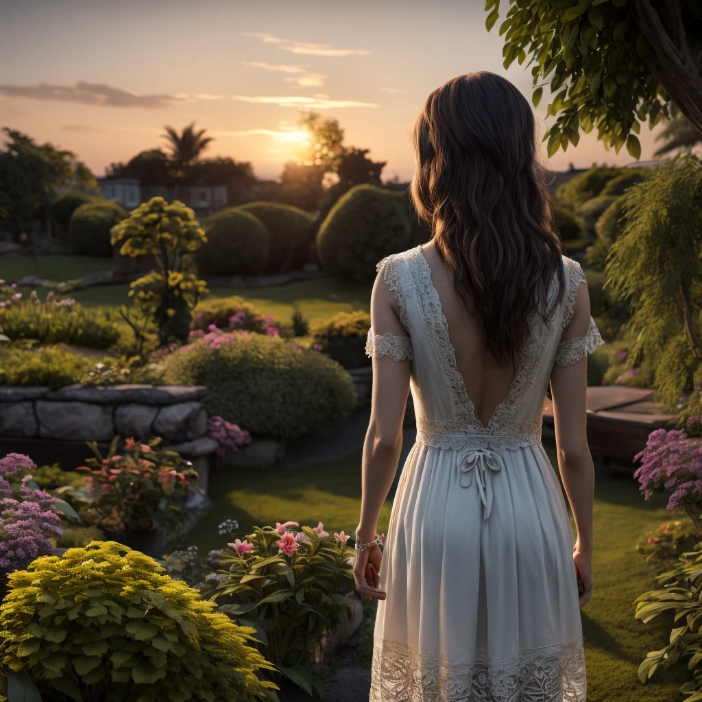 a beautiful girl in a garden, back view, long hair, wearing a white dress, looking at the sunset, detailed face, detailed eyes, beautiful detailed lips, extremely detailed face and eyes, longeyelashes, intricate floral patterns, lush vegetation, warm lighting, cinematic composition, vibrant colors, photorealistic, (best quality,4k,8k,highres,masterpiece:1.2),ultra-detailed,(realistic,photorealistic,photo-realistic:1.37),cinematic lighting,soft focus