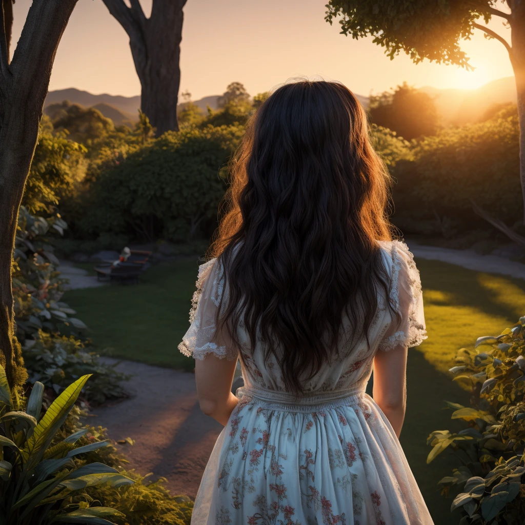 a beautiful girl in a garden, back view, long hair, wearing a white dress, looking at the sunset, detailed face, detailed eyes, beautiful detailed lips, extremely detailed face and eyes, longeyelashes, intricate floral patterns, lush vegetation, warm lighting, cinematic composition, vibrant colors, photorealistic, (best quality,4k,8k,highres,masterpiece:1.2),ultra-detailed,(realistic,photorealistic,photo-realistic:1.37),cinematic lighting,soft focus