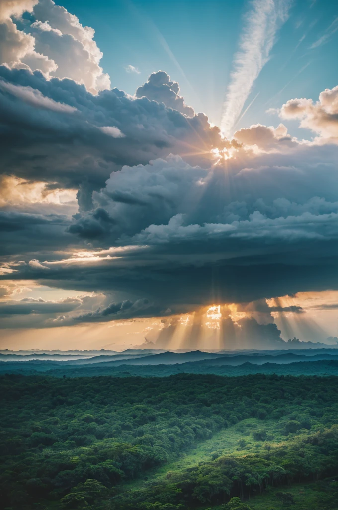 ((masterpiece)), (((best quality))), ((ultra-detailed)), (Amazing:1.1), beautiful, nature, sky and ground, heavy wind, windsweeped, line cloud,Light shoot from the cloud, in a lush remote folige jungle with jungle wildlife and fauna, award winning photo, BLN-L24, Exposure,High Contrast,Low Saturation,High Saturation 8k 3D, F 2.8 lens, Aerial View, Cinematic lighting