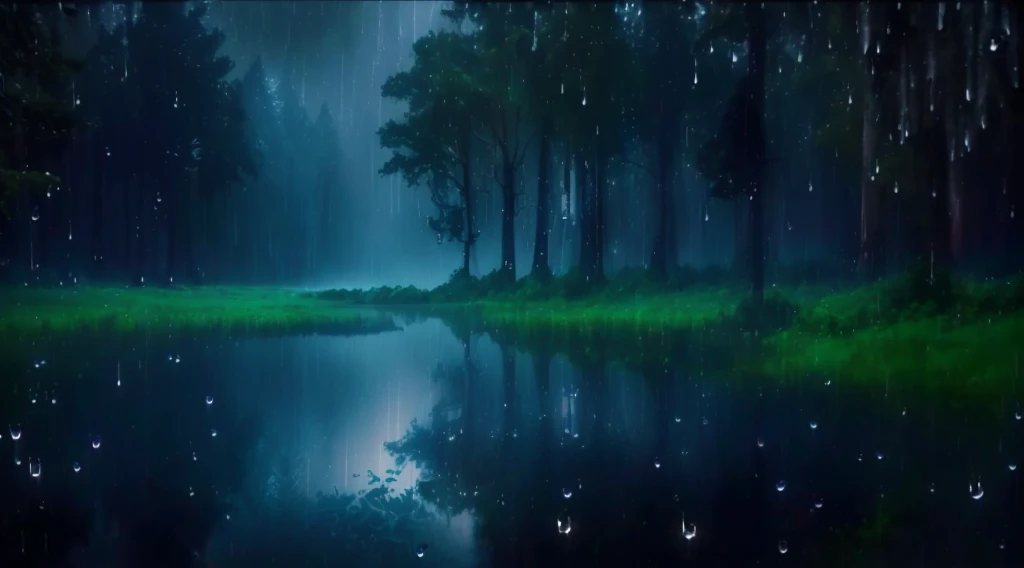 a dark blue forest with a lake and trees in the rain, at evening during rain, raining at night, rain aesthetic, it is night and raining, rainy and wet atmosphere, rain falling, rainy and gloomy atmosphere, strong rain night, rainy scene, rainy environment, rainy night, dark glowing rain, rainy background, rainy evening, rainy atmosphere, raining, rain falls