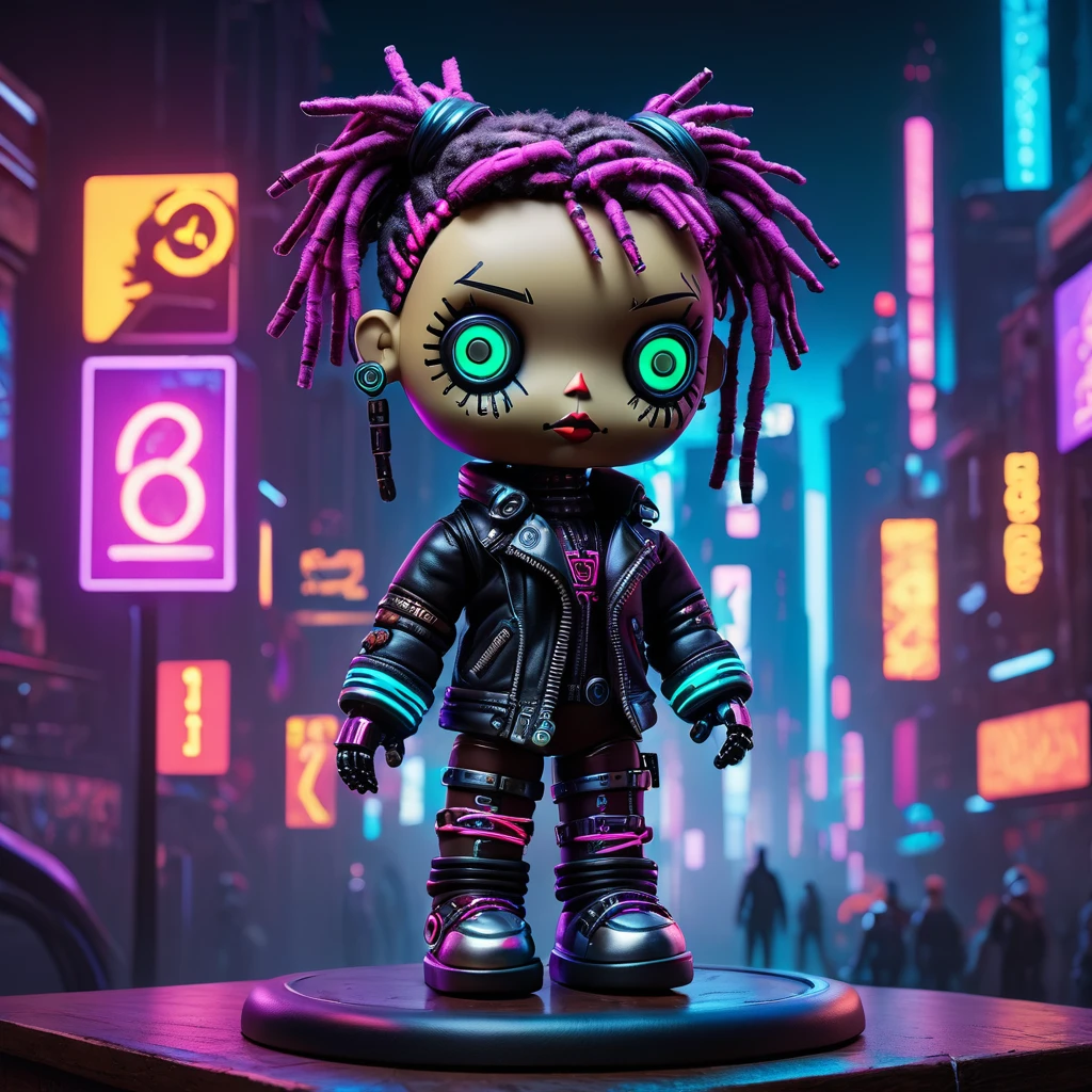 (knitted toy voodoo doll: 1.8), (cyberpunk style: 1.5), (on a pedestal with numbers 666: 1.3), (gloomy neon city in the background: 1.5), the doll is dressed in a leather jacket with backlight, glasses with virtual displays, metal accessories, multi-colored neon lights around, holds a cybernetic gadget in her hand, the atmosphere of a futuristic metropolis, best quality, masterpiece, detailed soft oil painting, detailed background, dramatic cinematic lighting, soft edge lighting, professional, dramatic lighting, hard edge lighting, ultra quality, 4k, masterpiece, best quality, 8k, ultra high definition, high resolution, extremely detailed