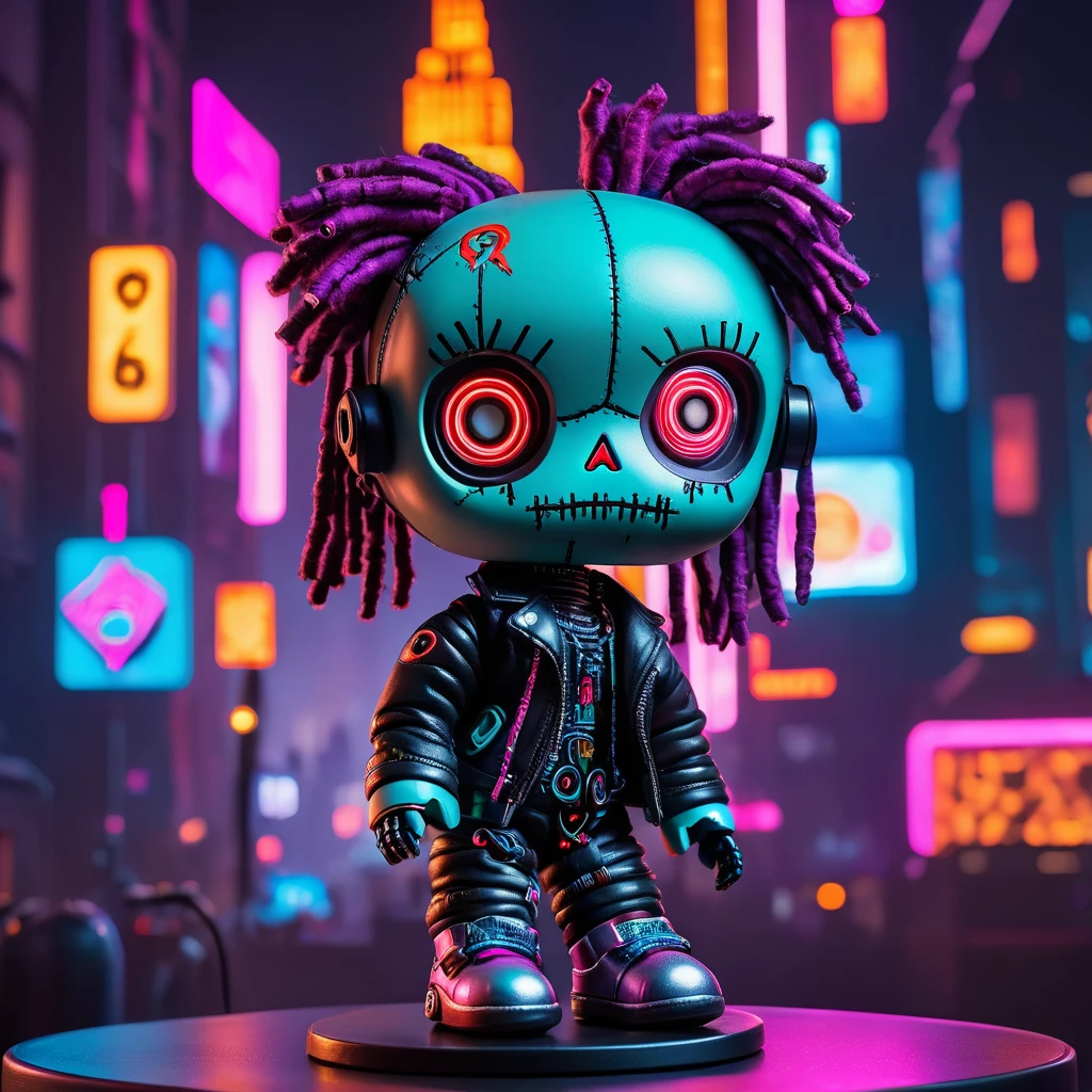 (knitted toy voodoo doll: 1.8), (cyberpunk style: 1.5), (on a pedestal with numbers 666: 1.3), (gloomy neon city in the background: 1.5), the doll is dressed in a leather jacket with backlight, glasses with virtual displays, metal accessories, multi-colored neon lights around, holds a cybernetic gadget in her hand, the atmosphere of a futuristic metropolis, best quality, masterpiece, detailed soft oil painting, detailed background, dramatic cinematic lighting, soft edge lighting, professional, dramatic lighting, hard edge lighting, ultra quality, 4k, masterpiece, best quality, 8k, ultra high definition, high resolution, extremely detailed
