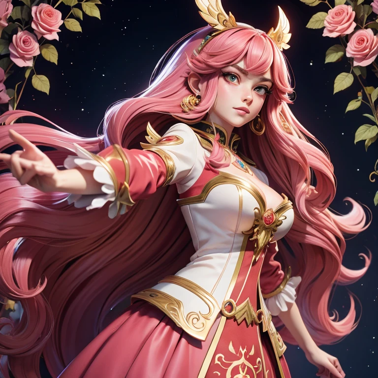 A young anime-style Caucasian woman with long, wavy long pink hair wearing an ornate, red and white fantasy costume and a high collar. She has a serious expression on her face and is set against a dark, starry background, surrounded by lush green foliage and flowers