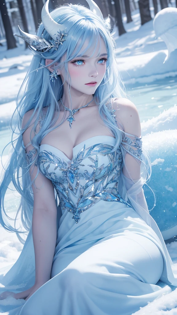 Best quality, cinematic image, Detailе.ed image, fantasy, mythical creature, horns, ice scales, beautiful woman, ice spirit, The Snow Queen, blue skin, Ice Dragon, detailed beautiful голубыe eyes, very long wavy white hair, cold look, White dress, big beautiful breasts, winter forest