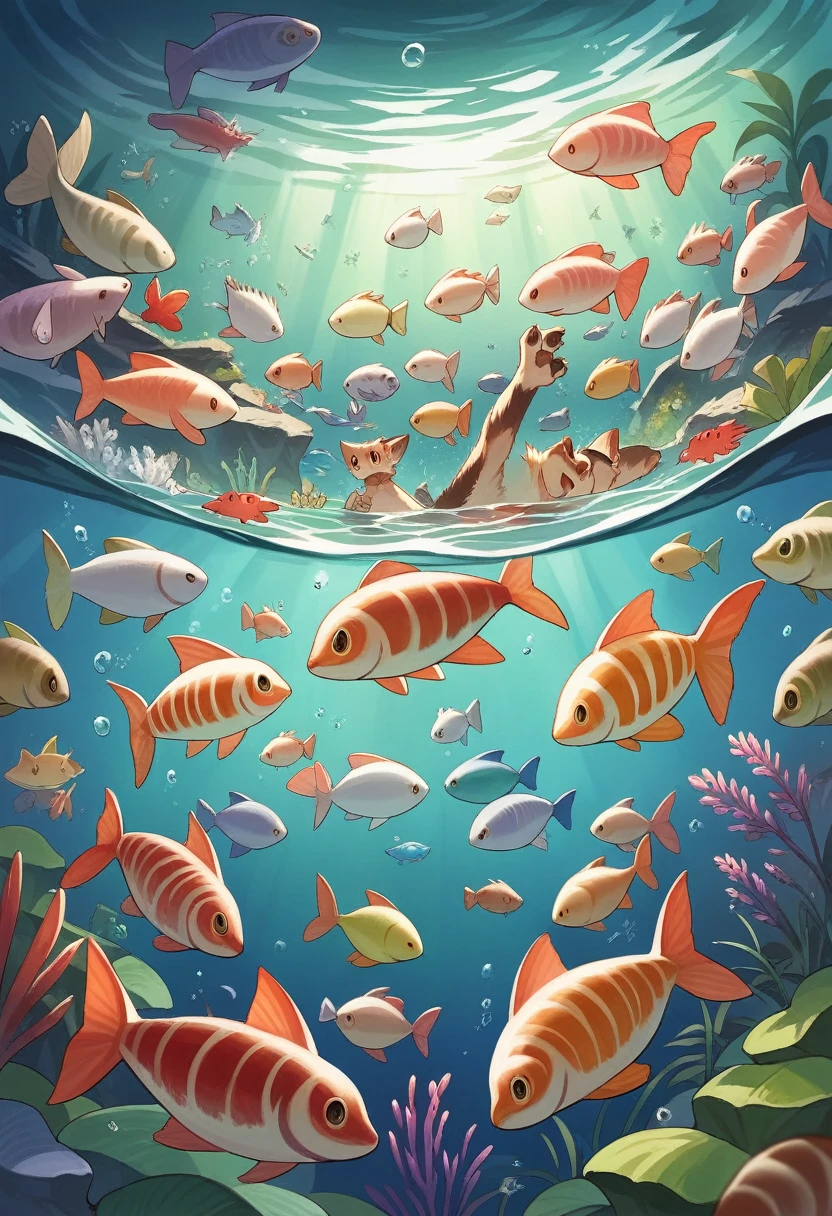 cover page, anime key visual, highres, top quality, best quality, paid reward available, High-quality illustrations, unparalleled masterpiece, perfect artwork, absurdres, super high resolution, detailed background, An aquarium where colorful fish swim, 6+boys, 6+girls, Happy, joyful(Photos of solo travelers)(kemono, furry anthro),