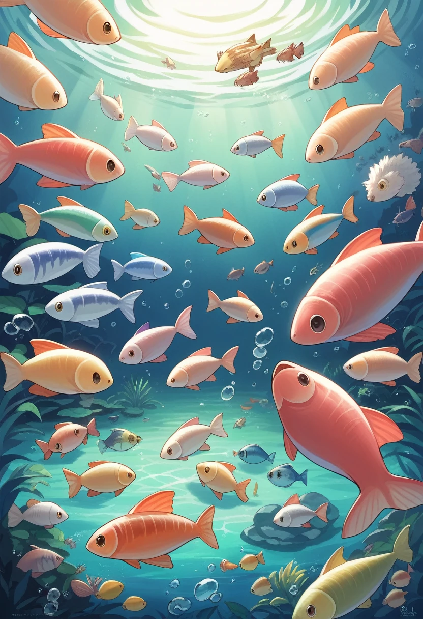 cover page, anime key visual, highres, top quality, best quality, paid reward available, High-quality illustrations, unparalleled masterpiece, perfect artwork, absurdres, super high resolution, detailed background, An aquarium where colorful fish swim, 6+boys, 6+girls, Happy, joyful(Photos of solo travelers)(kemono, furry anthro),