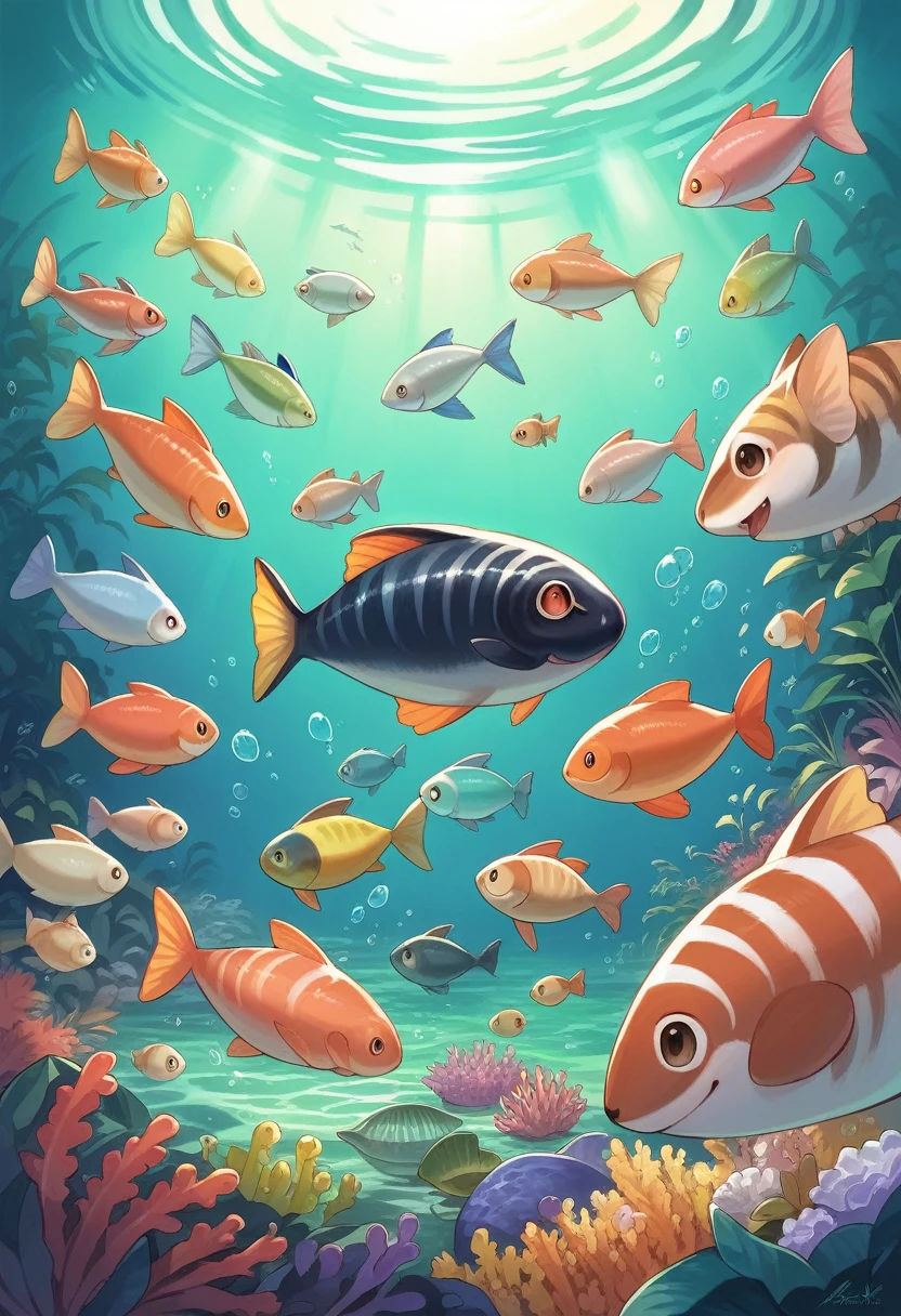 cover page, anime key visual, highres, top quality, best quality, paid reward available, High-quality illustrations, unparalleled masterpiece, perfect artwork, absurdres, super high resolution, detailed background, An aquarium where colorful fish swim, 6+boys, 6+girls, Happy, joyful(Photos of solo travelers)(kemono, furry anthro),