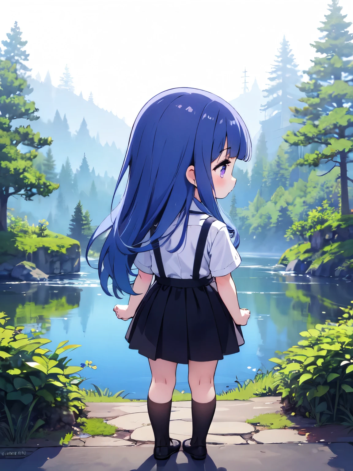 ((Back view)),One girl, (furude rika), chibi, , blue hair, purple eyes, long hair, blunt bangs, bangs, white shirt, suspenders, black skirt, Please draw a back view in nature.。Forest or lakeside、Mountain tops etc.、Place the figures in a situation that blends in with nature.。