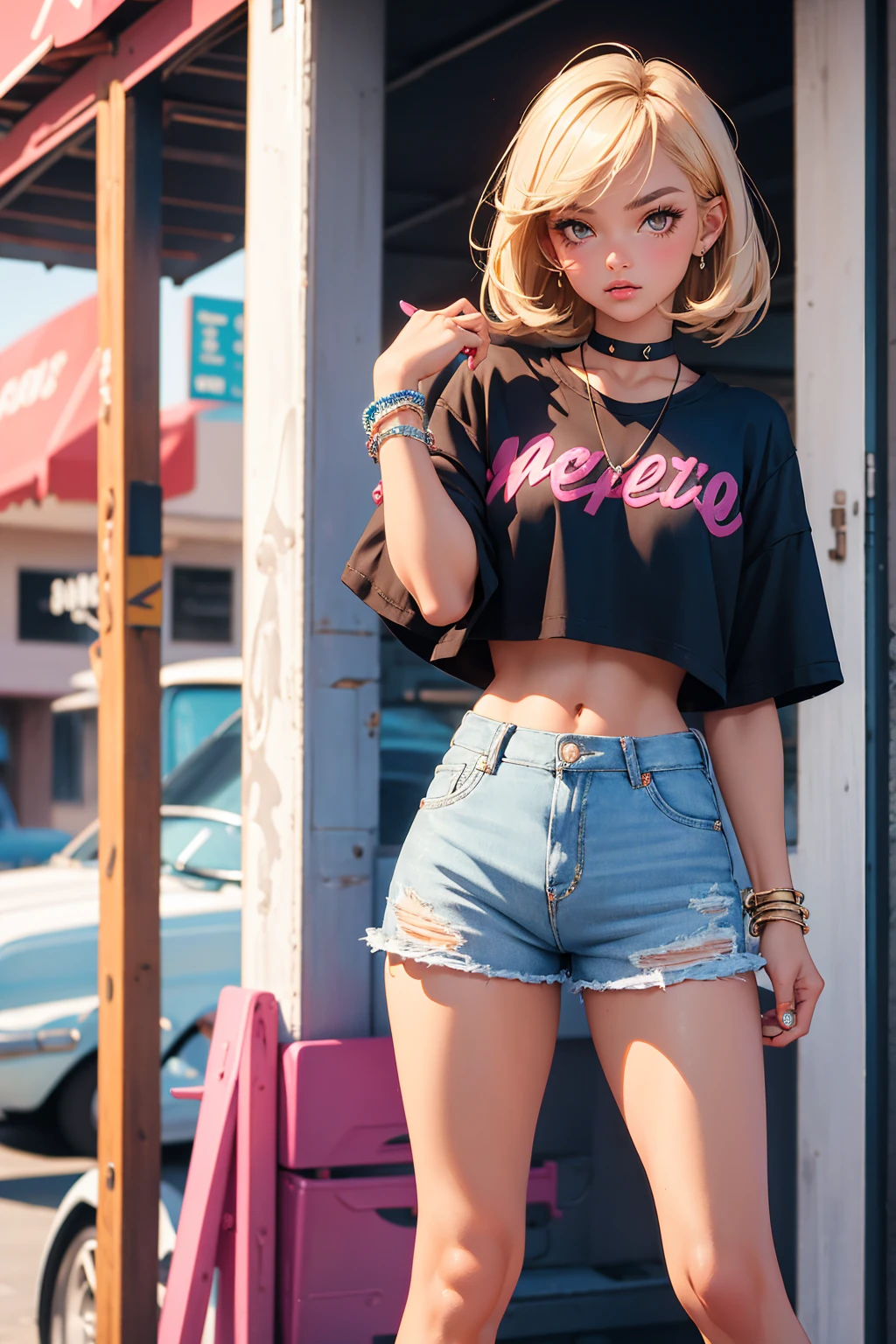 Teenage girl-model 18 years old, beautiful, tanned, blonde, bob hair, bangs, brown eyes, beautiful figure, girl wearing crop shirt and too short mini shorts, beautiful long legs, slave bracelets, slave choker, manicure, cute makeup, flirtatiously posing, hot summer, hot flirty, sexy posing, summer outfit, top quality, higest quality, pin-up style, retro 80s style, Daisy Dukes style, Miami vibes,