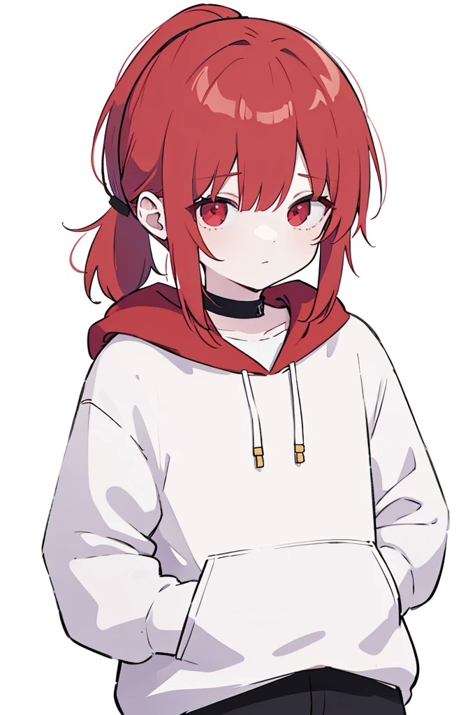 1 person, Red Hair, ponytail, red eyes, white hoodie, black pants, white background,