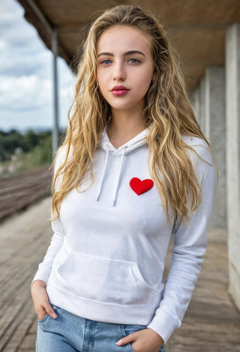 gorgeous young white woman,21 y.o, sweet face,yellow eyes,downturned eyes,heart shaped lips,straight eyebrows,raised nose,round face,((long shot)) Blonde influencer with natural wavy long hair,Kombiniere klassische Streetwear-Elemente wie Sneaker, Hoodies or jeans with high-quality accessories such as a designer handbag or a luxury watch, um einen modernen und dennoch edlen Look zu kreieren, extravagant , 8k, extremely detailed, Fotorealistisch, komplizierte Details, realistische Hauttextur, realistische Haare, Textur, Cheerful, 8k uhd, Best quality, high resolution, Detailgenauigkeit, very big breasts, long shot, weitwinkel, Ukrainian Woman by the Sea , Dynamic Prompts for Dress Type ,Hair color and Dress Color