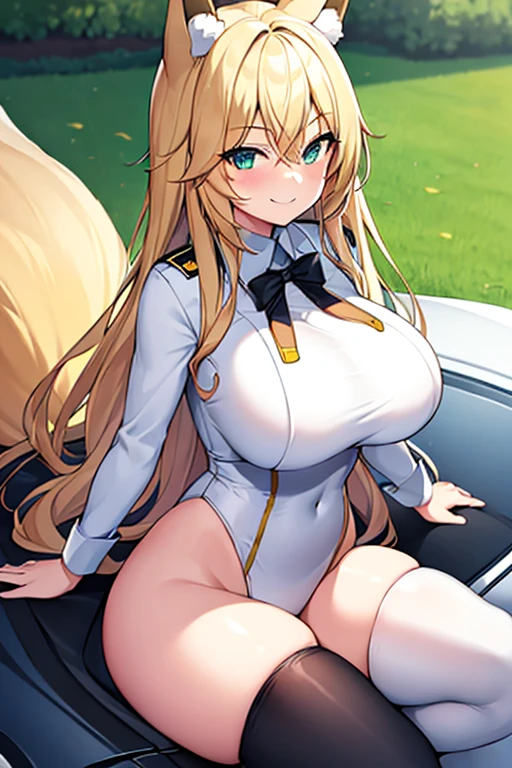 1girl, blonde hair, long hair, huge breasts, thick thighs, wide hips, green eyes, smile, smirk, smug, leotard, white leotard, police uniform, white clothes, bare legs, policewoman, police hat, fox ears, fox tail, mature female, toned, hourglass figure, black thighhighs, thighhighs, car, sports car,