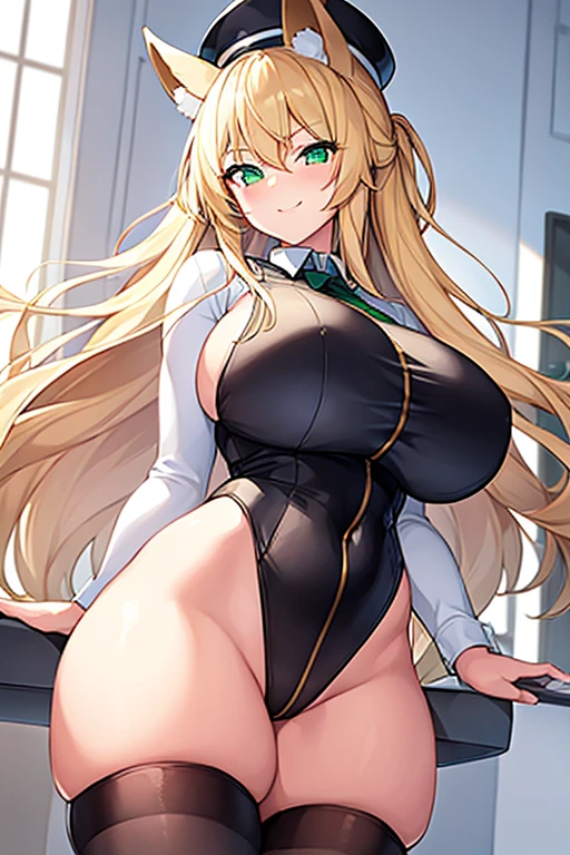 1girl, blonde hair, long hair, huge breasts, thick thighs, wide hips, green eyes, smile, smirk, smug, leotard, white leotard, police uniform, white clothes, bare legs, policewoman, police hat, fox ears, fox tail, mature female, toned, hourglass figure, black thighhighs, thighhighs, car, sports car, 