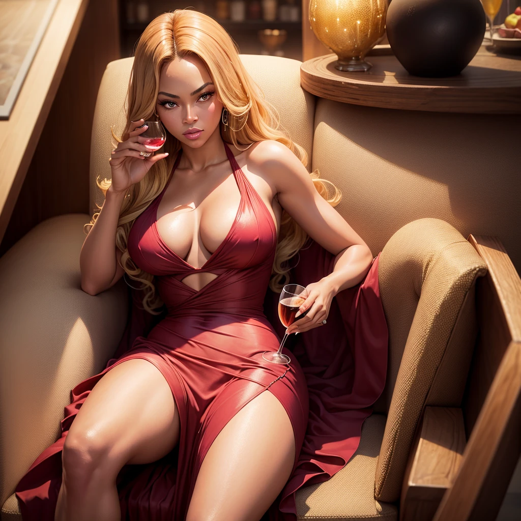 Beyonce drinking a glass of wine for an advertisement for an import company called bellavita. Vestido um vestido 