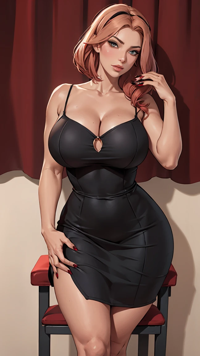 (seductive expression), (huge ), (mujer usando un vestido burdeos), (mujer con cabello largo y oscuro), (nueva pose: sentada en una silla con una pierna cruzada sobre la otra), (detalles delicados), (manicura roja), (piel bronceada), (toque de brillo en el rostro), (correa rosa en el cuello), (sensual y sofisticada).