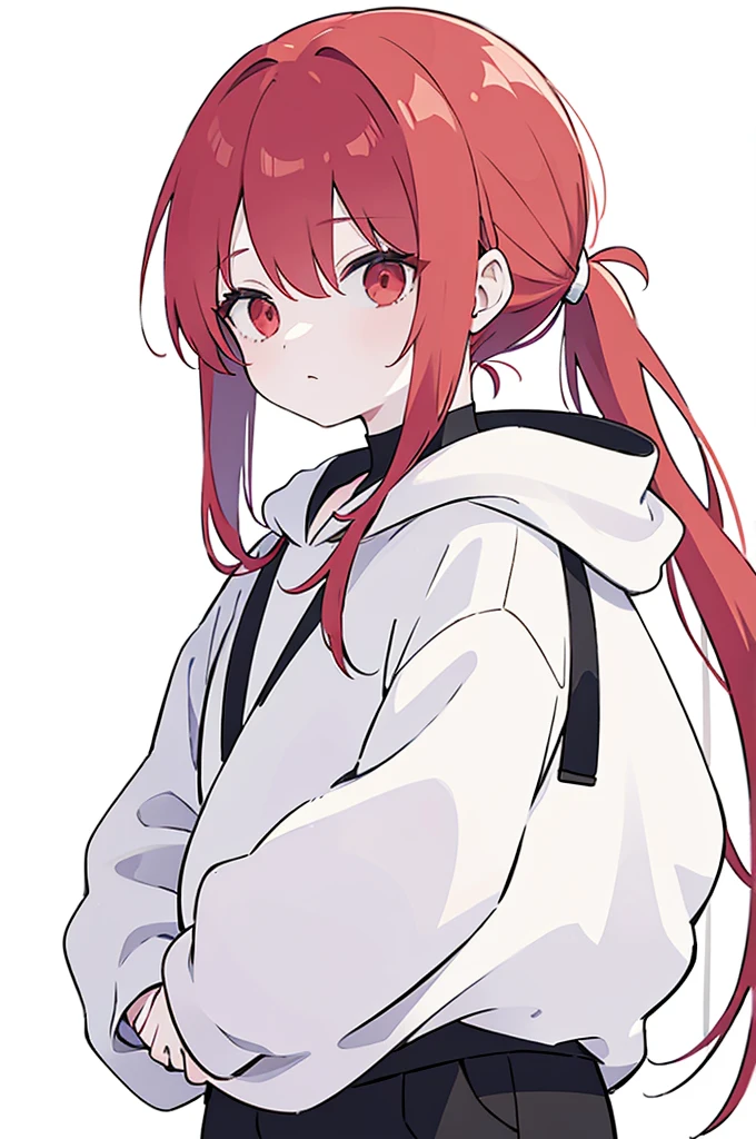 solo girl, white long hair, red colored inner hair, one side fringe covering left eye, rose colored pupils, oversized white tech wear hood, white back ground, looking away, medium height, medium size chest, expressionless calm face