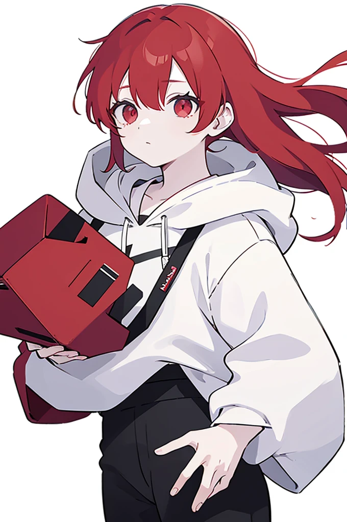 1 person, Red Hair, ponytail, red eyes, white hoodie, black pants, white background,