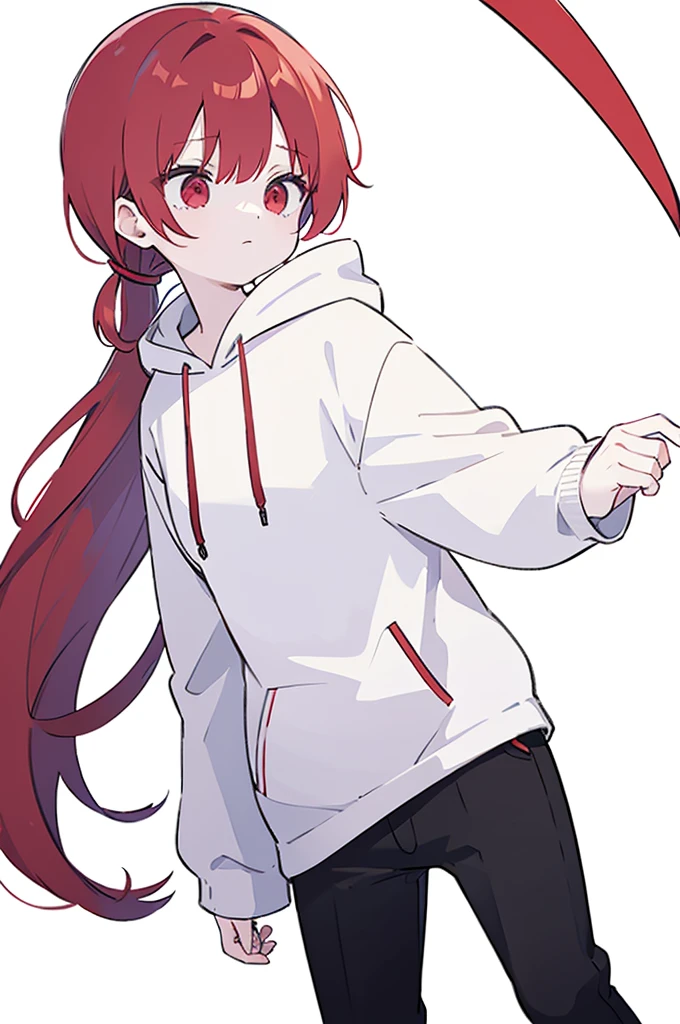 1 person, Red Hair, ponytail, red eyes, white hoodie, black pants, white background,