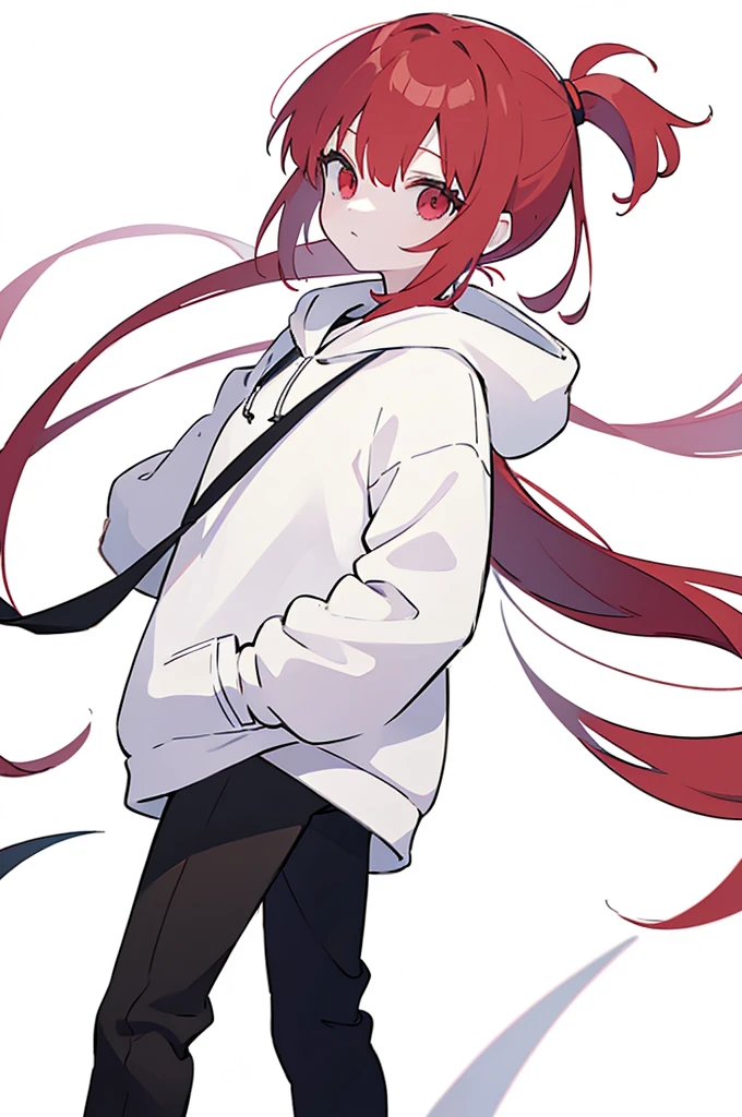 1 person, Red Hair, ponytail, red eyes, white hoodie, black pants, white background,