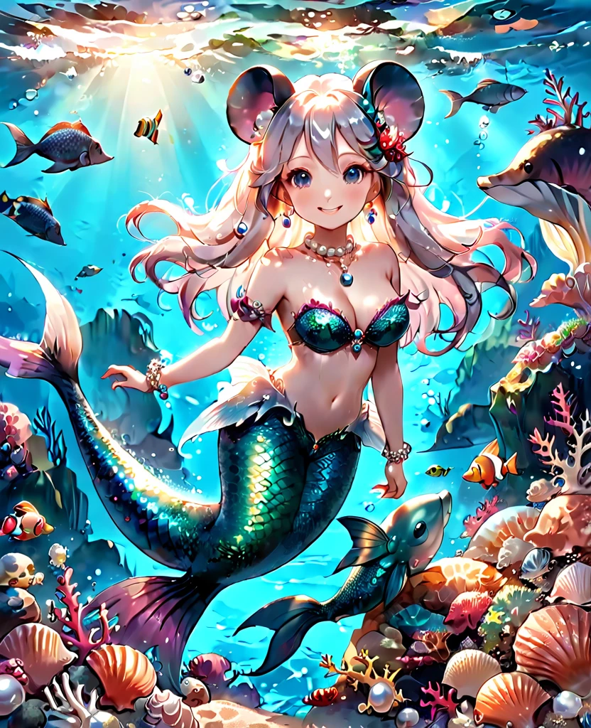 Highly detailed, masterpiece, high quality, pretty anthropomorphic mouse girl magically transformed into a mermaid, fantasy, race change, smiling, anime style, mouse ears, long mermaid tail below waistline, pelvic and dorsal fins, a pair of fish gills on her neck, seashells bra, pearl earrings and bracelets, pearl necklace,