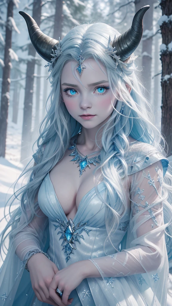 Best quality, cinematic image, Detailе.ed image, fantasy, mythical creature, horns, ice scales, beautiful woman, ice spirit, The Snow Queen, blue skin, Ice Dragon, detailed beautiful голубыe eyes, very long wavy white hair, cold look, White dress, big beautiful breasts, winter forest 