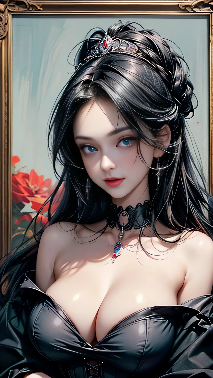 ((cute smile)) (()) ((blue eyes)), ((dark eyeshadows make up)) ((red lips)) ((very long black hair, hair flowing around) ((big breast:1.5)) ((skinny body:1.3)) ((wear strapless push up corset)) ((tiara, jewelry, collar, flowers on hair ornament)) ((face portrait of a beautiful woman on a frame portrait)) ((victorian vibe)) ((black bacground)), (at night lights shut, no lights, old painting tone)) ((high definition:1.5), ((masterpiece:1.5))((8k:1.5)) ((Best quality:1.4)), more_details:-1, more_details:0, more_details:0.5, more_details:1, more_details:1.5,