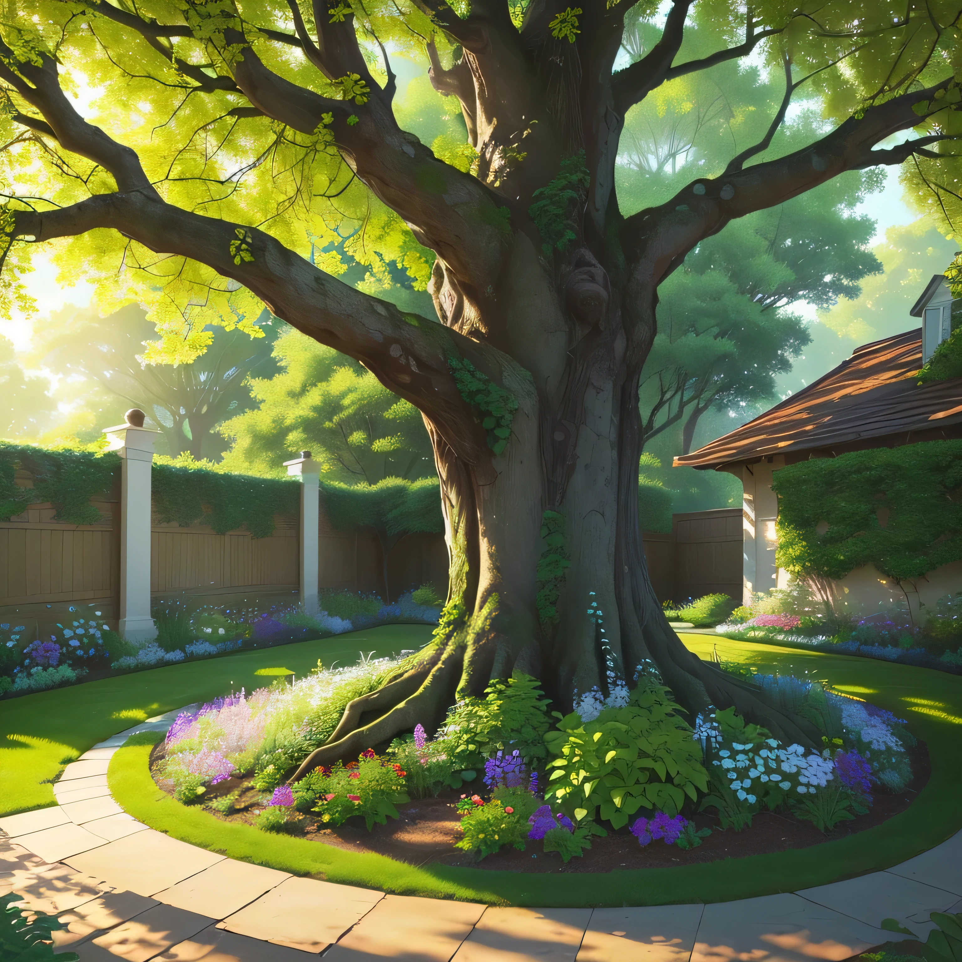 A beautiful, detailed tree standing gracefully in a garden. Its branches stretch elegantly, adorned with lush green leaves that sway gently in the breeze. Sunlight filters through the foliage, casting warm, dappled patterns on the ground below. The tree's bark is textured and rich in detail, reflecting the sunlight with subtle variations of color. Around it, the garden blooms with vibrant flowers, adding bursts of color against the green backdrop. The scene is bathed in soft, cinematic lighting that enhances every intricate detail, from the delicate veins on the leaves to the rough texture of the bark. This depiction captures the essence of nature in high resolution, offering a masterpiece of natural beauty.