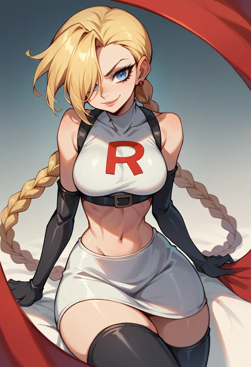 jinx, 1girl, solo ,blonde hair, blue eyes ,hair covering one eye, hair ornament ,glossy lips, earings ,team rocket uniform, red letter R, white skirt,white crop top,black thigh-high boots, black elbow gloves, closed mouth, evil smile,