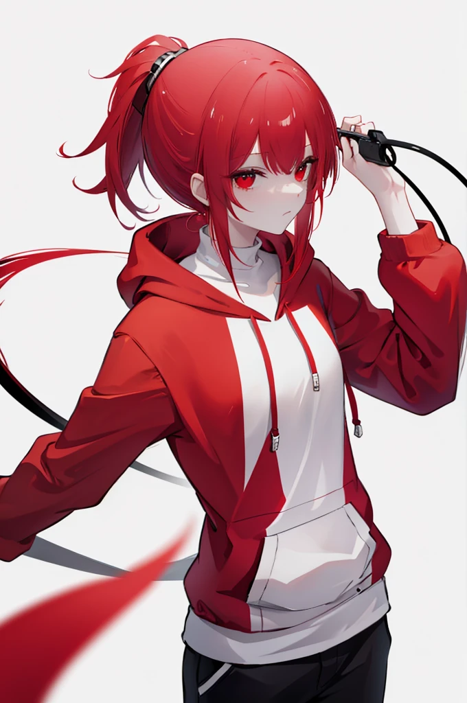 1 person, Red Hair, ponytail, red eyes, white hoodie, black pants, white background,