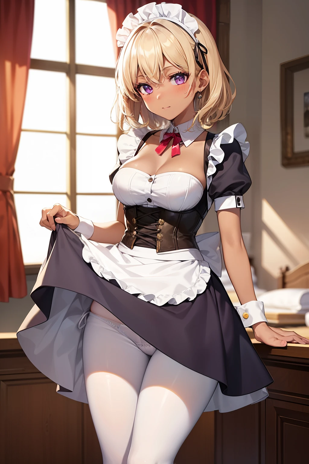 (Tabletop, highest quality, Super detailed), One Girl, Purple eyes, Blonde Hair, Dark Skin, Short Hair、Perm Hair、((White Pantyhose))、(Bedroom)、((Maid clothes))、Long skirt、((Panties))、corset