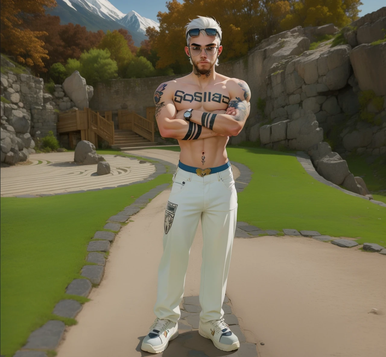 Best quality, tatto soalles no peito, White pants, sapato branco, cabelo curto branco, olhos azuis, gold watch, barba, goggles on forehead, rosto americano, adolescente, 26 anos, heart tattoo on face,sosinho