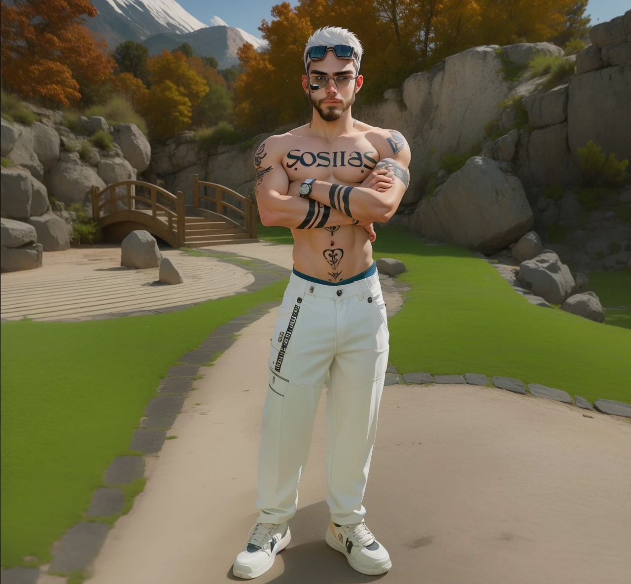 Best quality, tatto soalles no peito, White pants, sapato branco, cabelo curto branco, olhos azuis, gold watch, barba, goggles on forehead, rosto americano, adolescente, 26 anos, heart tattoo on face,sosinho