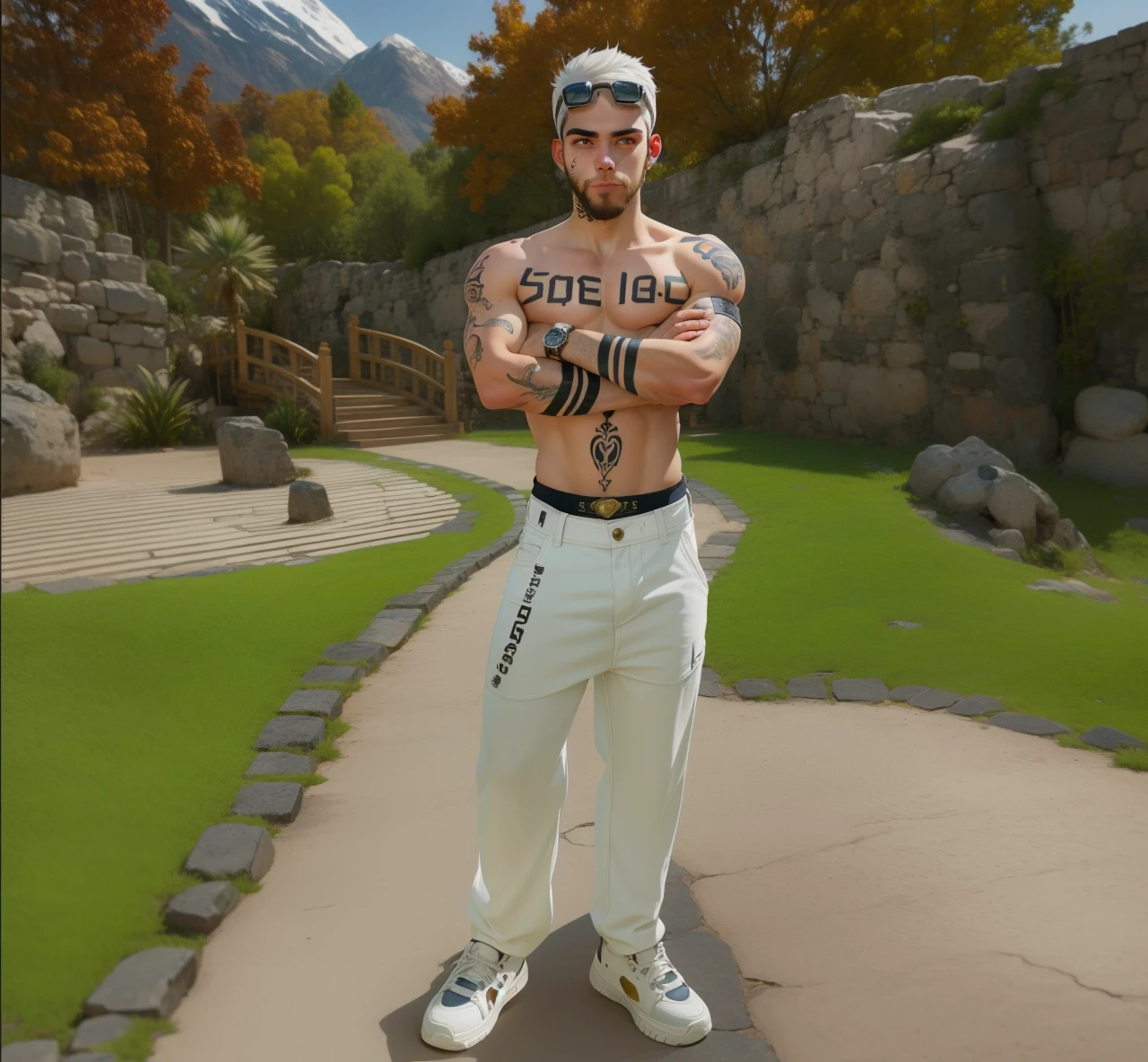 Best quality, tatto soalles no peito, White pants, sapato branco, cabelo curto branco, olhos azuis, gold watch, barba, goggles on forehead, rosto americano, adolescente, 26 anos, heart tattoo on face,sosinho