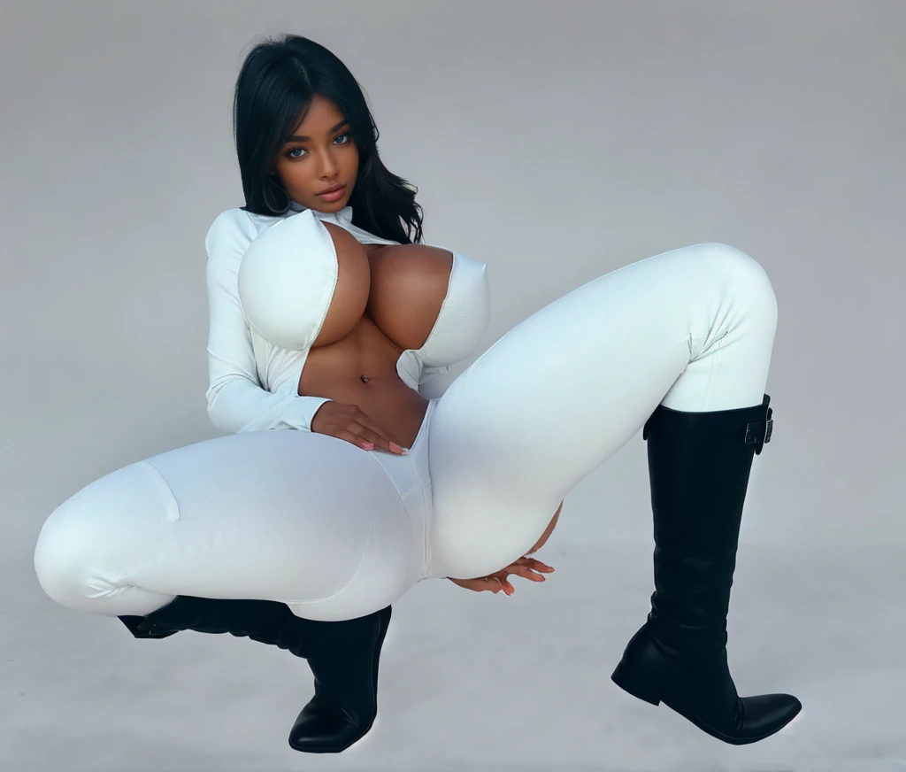 women,brown skin,black long hair, dark brown eyes, white tight bodysuit, big breast, white Trousers,black long boots, sitting on the ground