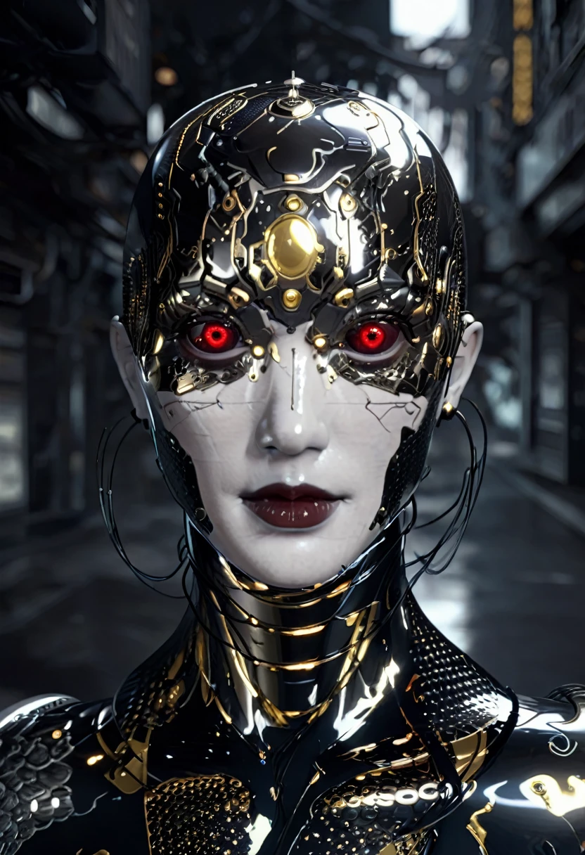 Retrofuturistic classy android humanoid ultra detailed with black, chrome and gold surface details inner lights glowing bright eyes crisp surfaces render elegant shapes  soft contrast 8K cinematic compose. character design 



