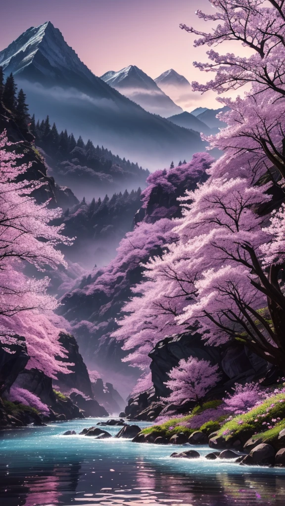 (high detail: 1.2), beautiful nature, river, sakura flowers floating, vibrant colors, beautiful landscape, trees, mountain in the background, mist, aquamarine and dark purple sky, spirit blossom \(theme\), intricate, elegant, fantasy, hyper detailed, landscape art, best quality, 8k uhd.