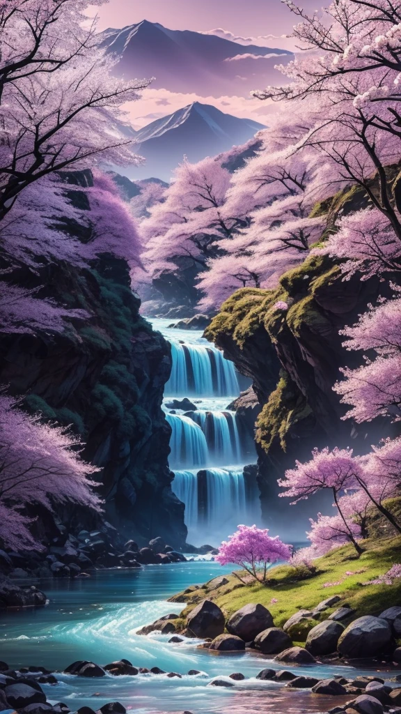 (high detail: 1.2), beautiful nature, river, sakura flowers floating, vibrant colors, beautiful landscape, trees, mountain in the background, mist, aquamarine and dark purple sky, spirit blossom \(theme\), intricate, elegant, fantasy, hyper detailed, landscape art, best quality, 8k uhd.
