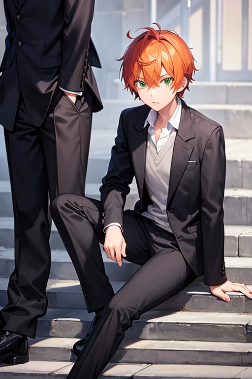 girl disguises as a boy, has short orange hair, green eyes, wears uniform school a gray blazer gakuran buttoned up to the top, black high tops and plained pants