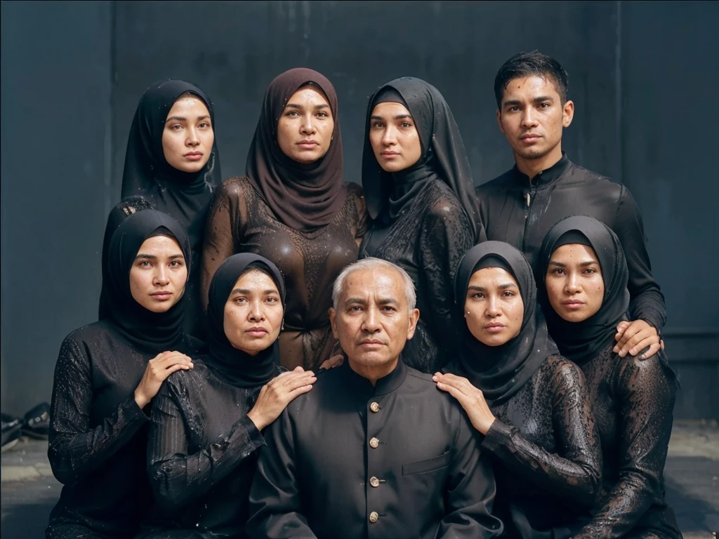for realistic photography photos of an Indonesian family totaling 9, (old mother wearing a hijab, 56 years old), (old father, 64 years old), (Six women wearing hijabs, aged 35 years, 33 years old, 29 years old, 27 years old, 23 years old, 20 years old), ( 17 year old male). all men wear exclusive black suits, women wear black Islamic dresses, family full of love and warmth, textured wall background, use soothing colors, symmetrical position, neat, professional, ((sweaty)), ((armpits)), ((full of sweat)), ((dripping wet armpits)), close up armpits, ((medium breasts)), ((sweat stains)), (breasts out)
