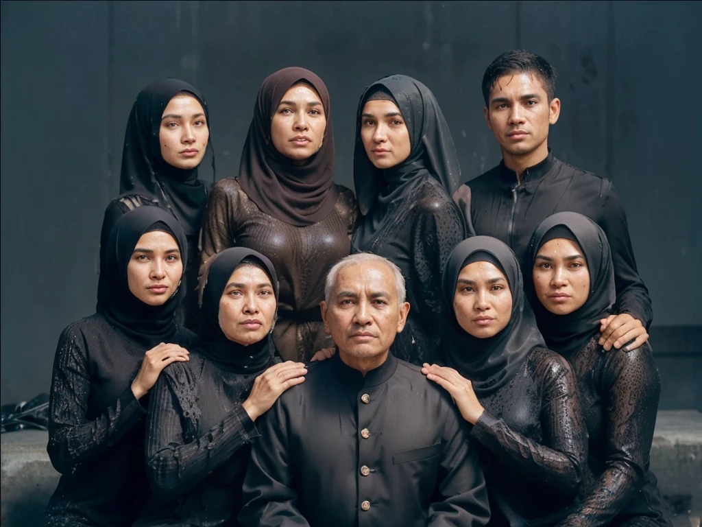 for realistic photography photos of an Indonesian family totaling 9, (old mother wearing a hijab, 56 years old), (old father, 64 years old), (Six women wearing hijabs, aged 35 years, 33 years old, 29 years old, 27 years old, 23 years old, 20 years old), ( 17 year old male). all men wear exclusive black suits, women wear black Islamic dresses, family full of love and warmth, textured wall background, use soothing colors, symmetrical position, neat, professional, ((sweaty)), ((armpits)), ((full of sweat)), ((dripping wet armpits)), close up armpits, ((medium breasts)), ((sweat stains)), (breasts out)