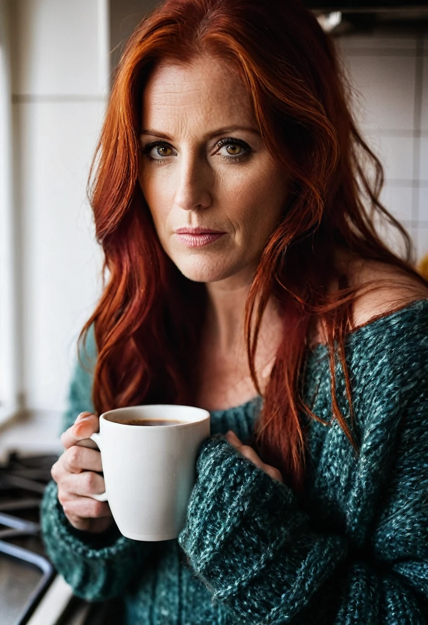 closeup, portrait, LeannaDecker, ((wearing sweater)), inside, portrait, kitchen, holding coffee mug, winter fire, eyes open, best quality, upper body, by lee jeffries nikon d850 film stock photograph 4 kodak 400 camera f1.6 lens rich colors hyper realistic lifelike texture natural lighting unreal engine trending on artstation cinestill 800, (100mm lens), long hair,, red hair