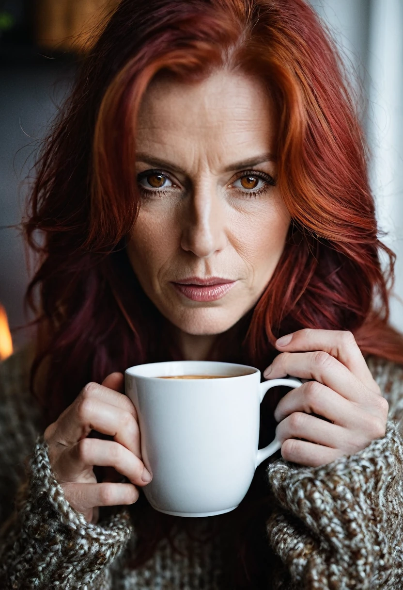 closeup, portrait, LeannaDecker, ((wearing sweater)), inside, portrait, kitchen, holding coffee mug, winter fire, eyes open, best quality, upper body, by lee jeffries nikon d850 film stock photograph 4 kodak 400 camera f1.6 lens rich colors hyper realistic lifelike texture natural lighting unreal engine trending on artstation cinestill 800, (100mm lens), long hair,, red hair 