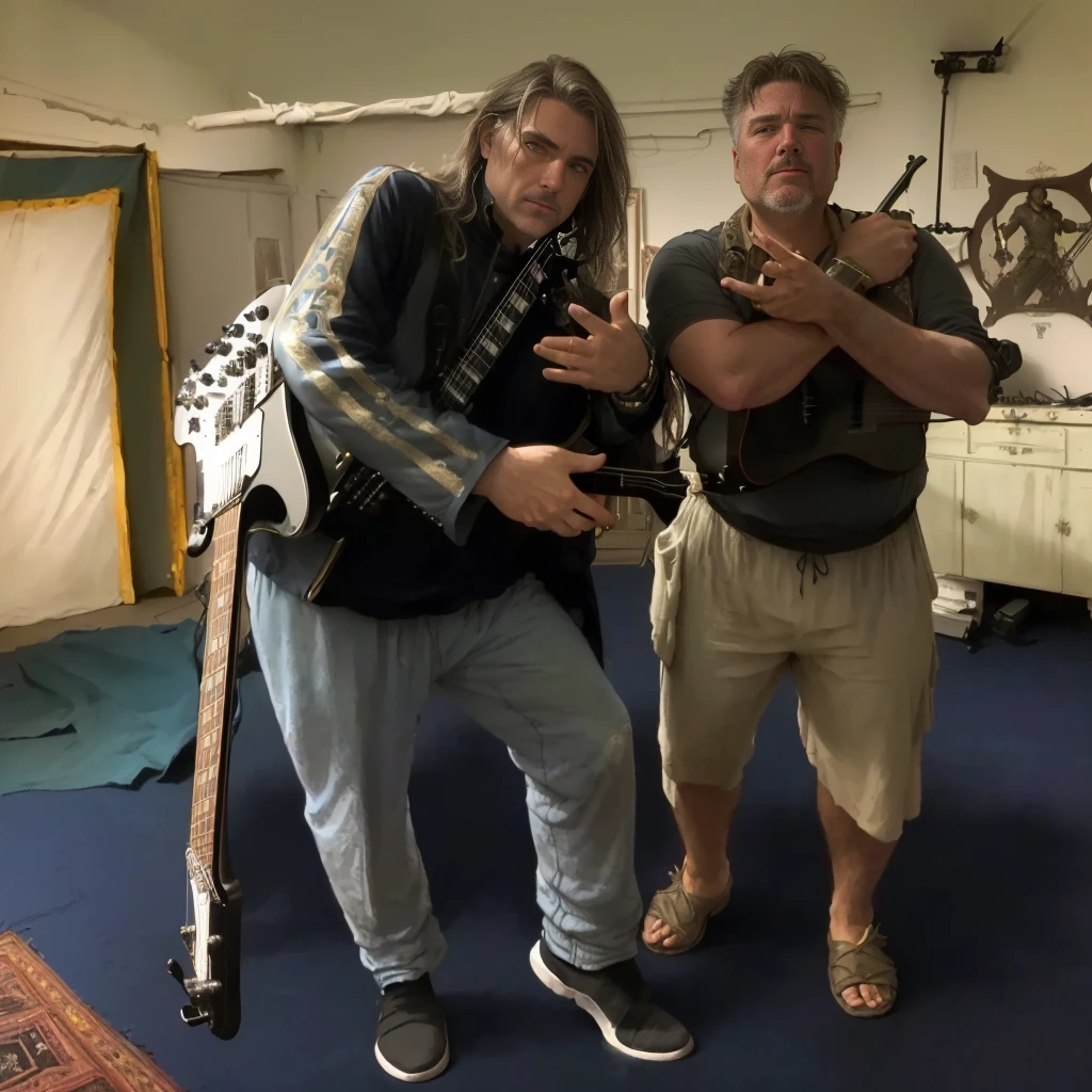 they are posing for a picture in a room with a guitar, gustave dore and greg rutkowski, greg rutkowski and wayne barlowe, alex horley and jimmy nelson!, holding electric guitars, mars ravelo and greg rutkowski, greg rutkowski and j.dickenson, greg rutkowski and rob ross, greg rutkowski and edgar maxence