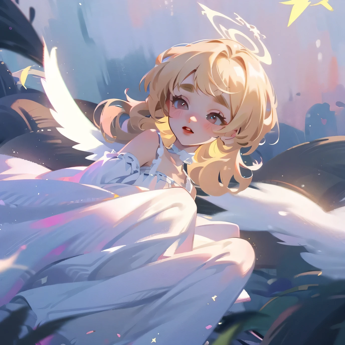 (High quality) (best quality) (A woman) (correct physiognomy) (best quality, 4k, 8K, high resolution, masterpiece: 1.2) woman, Extremely beautiful, Around 20 years old, long blonde hair with bangs on the back front, four small angel wings emerge from her head, two on the left side and two on the right side, two angel wings coming out of her back, a golden halo behind her head, golden eyes, sensitive lips, middle age, white dress with straps on the shoulders, skirt cut diagonally leaving one leg exposed, soft facial features, fine eyebrows, soft skin, slightly rosy cheeks, pink lips, silky eyelashes, dreamy expression, photo location the woman must be in a pond with water and fish in the middle of the forest, photo illuminated by sunlight, full body proportion, showing in the photo the body from head to torso