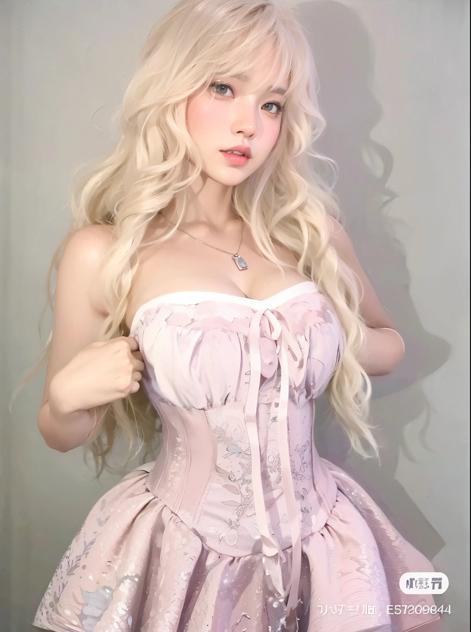 blond haired woman in a pink corset dress posing for a picture, beautiful dolphin, combine, pale porcelain white skin, # rococo, pale and light skin!!, pale porcelain skin, pastel gothic aesthetic, jointed doll, corset, pale gothic beauty, fantasy dress, pale skin curly blonde hair, albino pale white skin, portrait of Kim Petras, cara de jennie blackpink, jennie blackpink, rostro de Jennie de blackpink