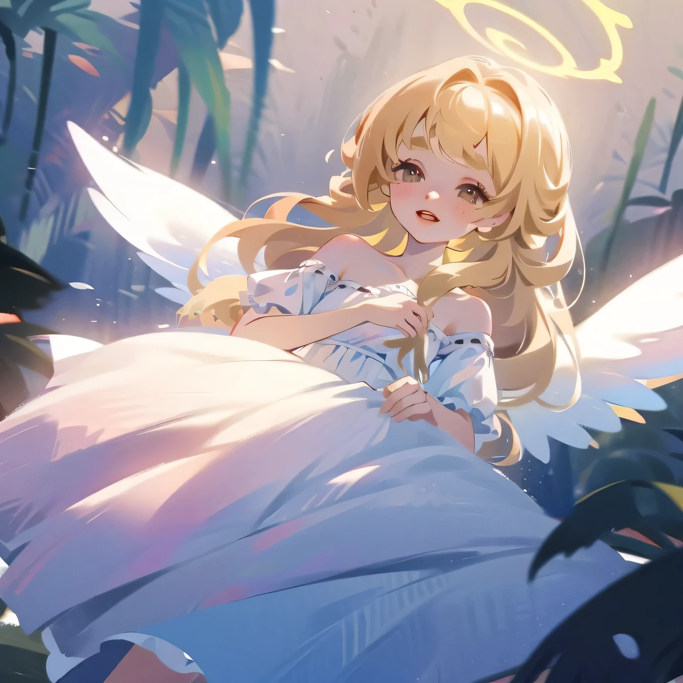 (High quality) (best quality) (A woman) (correct physiognomy) (best quality, 4k, 8K, high resolution, masterpiece: 1.2) woman, Extremely beautiful, Around 20 years old, long blonde hair with bangs on the back front, four small angel wings emerge from her head, two on the left side and two on the right side, two angel wings coming out of her back, a golden halo behind her head, golden eyes, sensitive lips, middle age, white dress with straps on the shoulders, skirt cut diagonally leaving one leg exposed, soft facial features, fine eyebrows, soft skin, slightly rosy cheeks, pink lips, silky eyelashes, dreamy expression, photo location the woman must be in a pond with water and fish in the middle of the forest, photo illuminated by sunlight, full body proportion, showing in the photo the body from head to torso