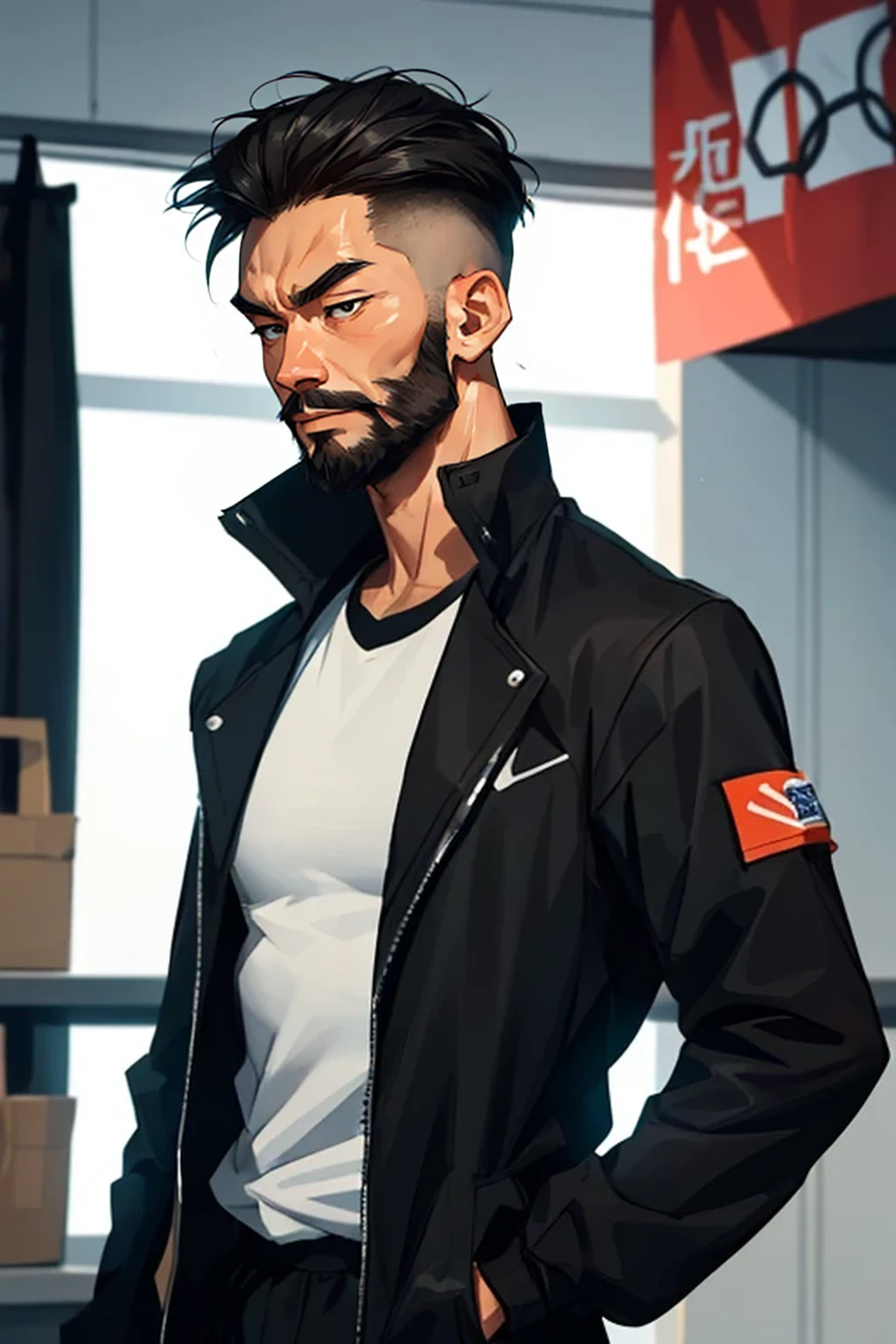 chinese man, strong body, half body, close-up, male character, thin waist, strong chinese male with strong jawline and faded beard using a black jacket and a t-shirt, he is a trainer from the olympics, he is great in his job. portrait
