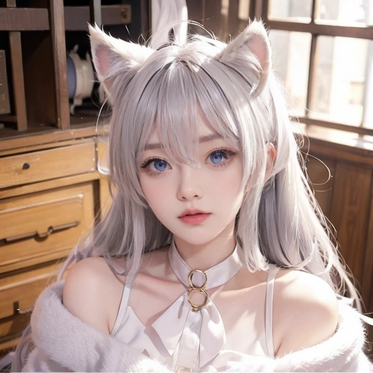 Furry cute wolf yellow white with a collar around neck nfsw girl will cat ears