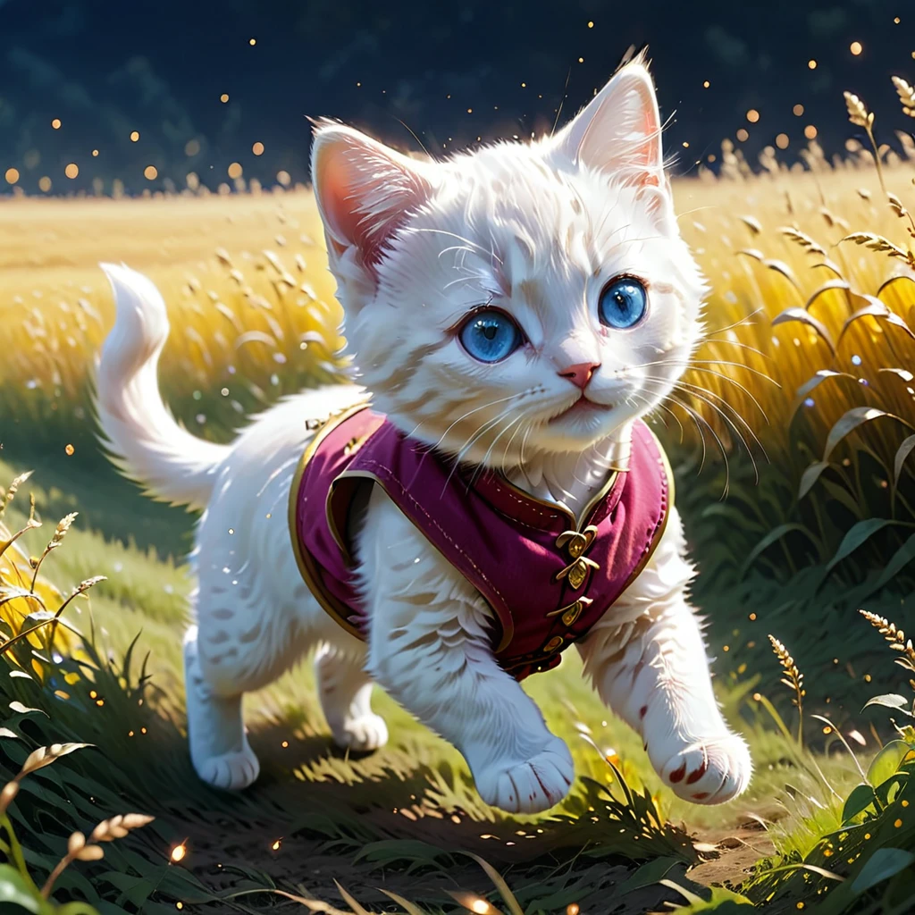 C4tt4stic, historical background is medieval Europe, wearing Swiss woman's national costume, red vest, yellow short-sleeved shirt, dark pink skirt, barefoot, surrounded by fine light particles, illustration of small cute creature, running around in the field, fantasy art, exquisite details, Jean-Baptiste Monge style, Alan Lee style, anthropomorphic white kitten with blue eyes, movie scene, dramatic shot angle, atmospheric particles, realistic, raw cinematic photorealism, action portrait, 8k, detailed, full frame