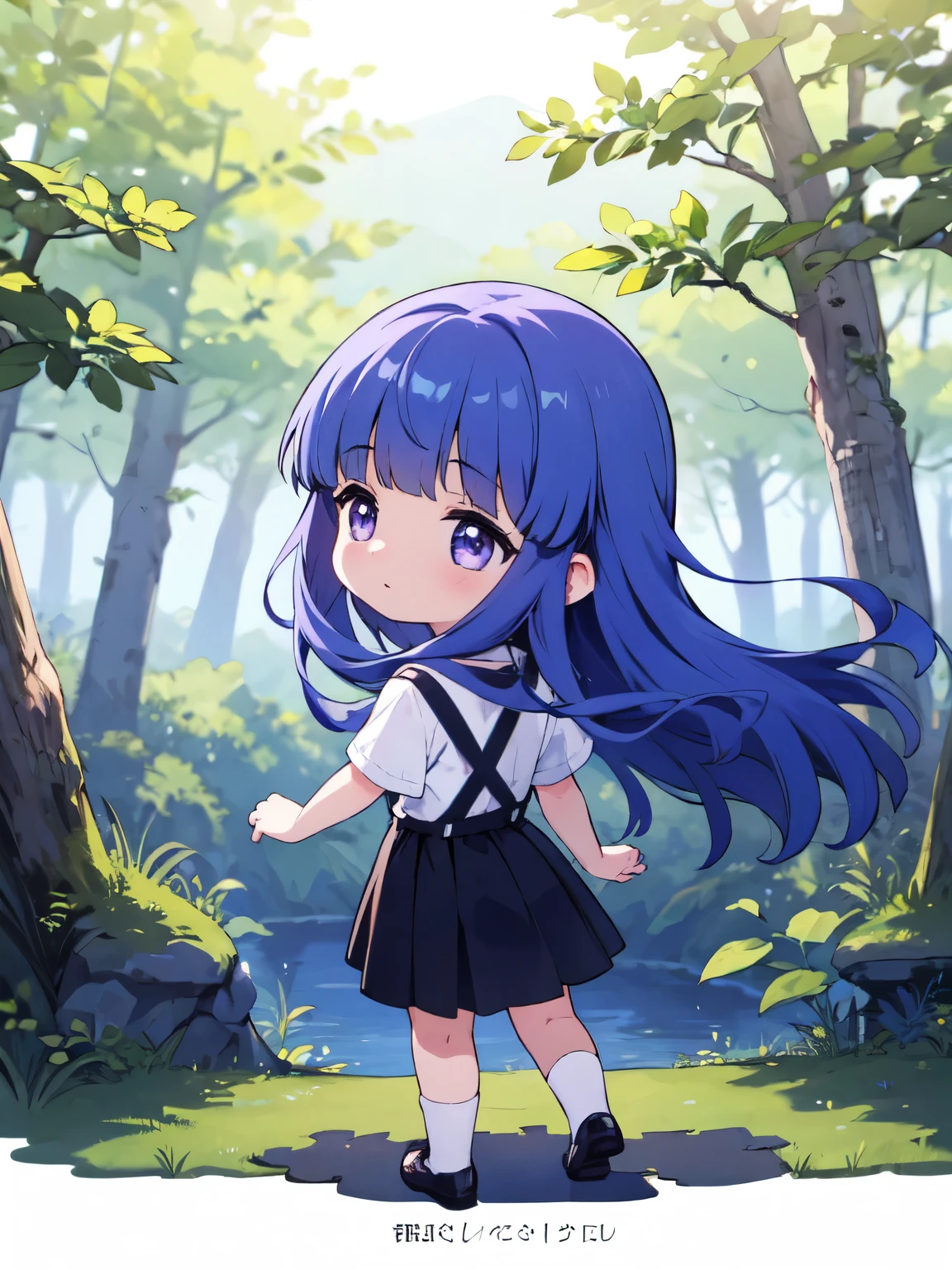 ((Back view)),One girl, (furude rika), chibi, , blue hair, purple eyes, long hair, blunt bangs, bangs, white shirt, suspenders, black skirt, Please draw a back view in nature.。Forest or lakeside、Mountain tops etc.、Place the figures in a situation that blends in with nature.。